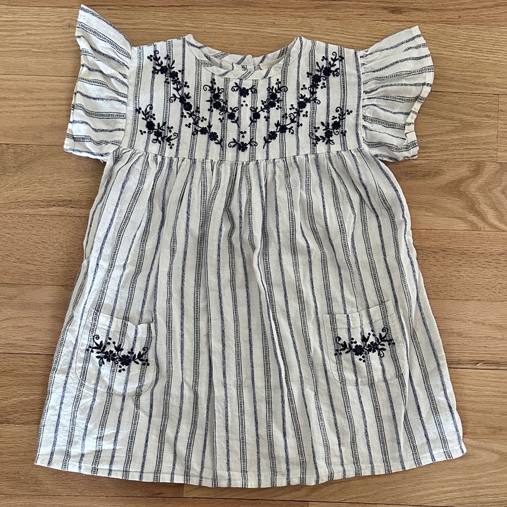 Louis & Louise Paris striped cotton dress flutter sleeves embroidery girls sz 4